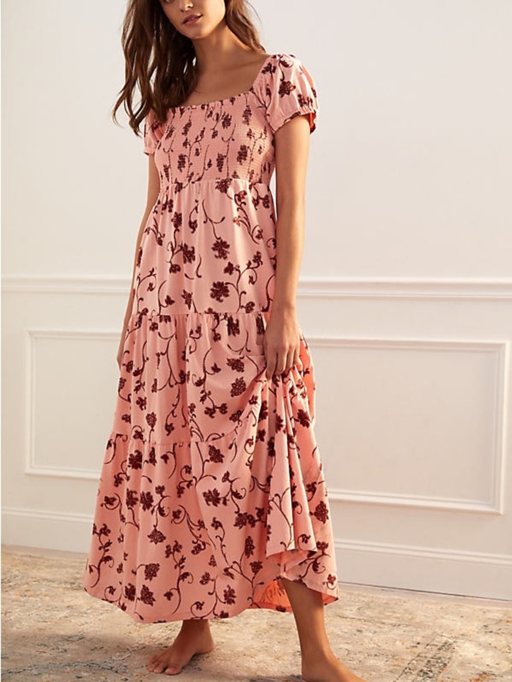 Anthropologie Daily Practice Smocked Square Neck Pink Floral Tiered Maxi Dress